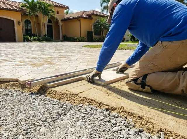 Expert paver installation crew setting travertine pavers on a compacted base — South Florida driveway by Craft Pavers – Craft Pavers