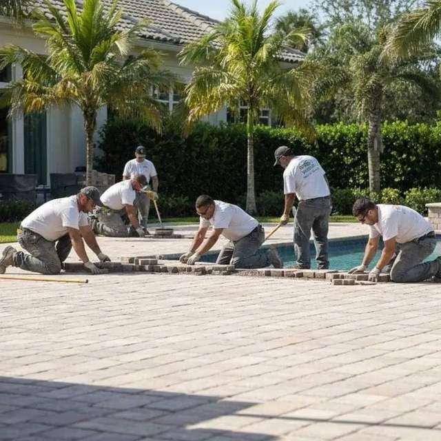 Craft Pavers crew installing travertine pavers in South Florida – Craft Pavers