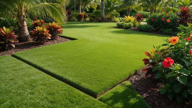 Completed landscape installation with pool and tropical plantings – Earth Care Pro